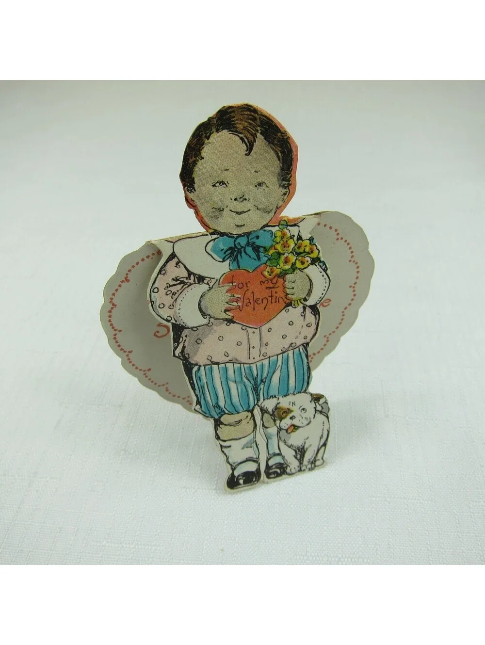 Vintage Valentine Boy Dog Yellow Flowers Stand Up Diecut 1920s-30s UNSIGNED